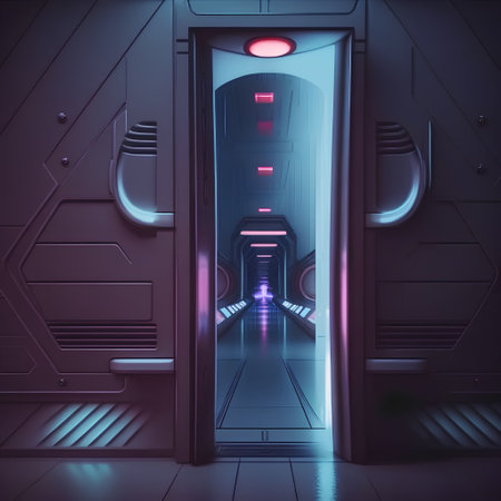 Futuristic spaceship interior corridor with neon lights. 3D renderingの素材