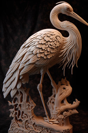 Pelican on a black background. 3d illustration. Wood carving.の素材