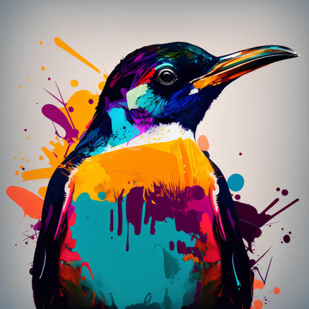 Hand drawn vector illustration of a penguin with colorful splashes.の素材
