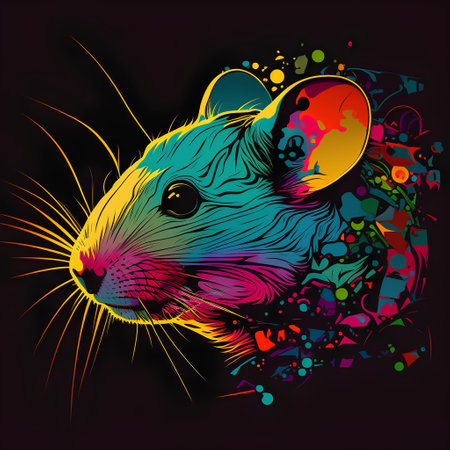 Vector illustration of rat head with colorful spots on a black background.の素材