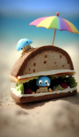 Sandwich with funny monsters on the beach. Selective focus.の素材