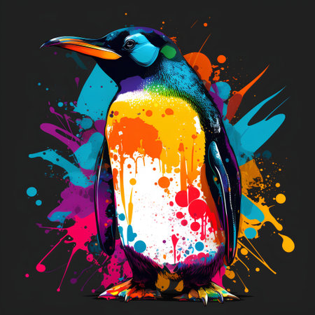 Penguin with colorful paint splashes on a black background.の素材
