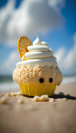 Cupcake with lemon on the sand against the background of the seaの素材