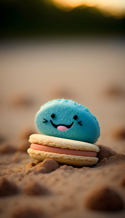 Macaroon with happy face on the sand beach at sunset.の素材