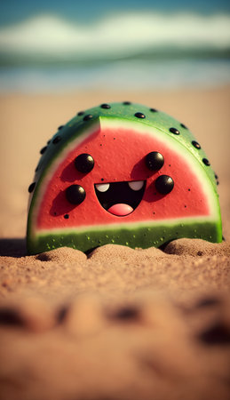 Funny watermelon on the beach. Summer holidays concept. Selective focus.の素材