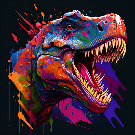 dinosaur head with colorful splashes on black background, vector illustrationの素材