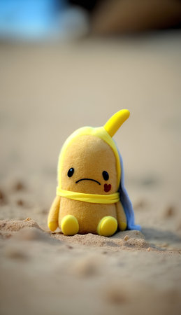 Cute yellow monster on the beach in the sand, soft focusの素材