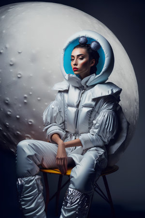 A portrait of a beautiful young woman in a cosmonaut suit. Beauty, fashion. Cosmonautics.の素材