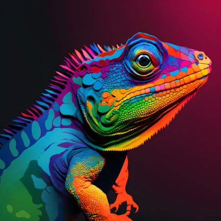 colorful chameleon on a dark background. 3d illustrationの素材
