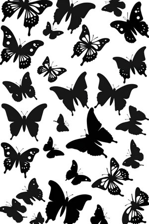butterflies black silhouettes on a white background, vector illustrationの素材