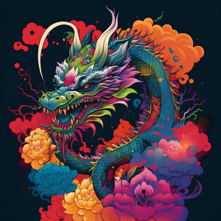 Colorful dragon with flowers on a dark background. Vector illustration.の素材
