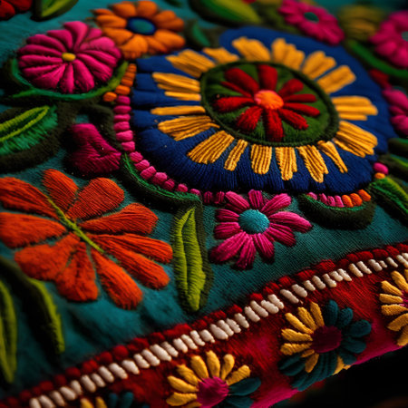 Colorful handmade embroidery on the fabric. Selective focus.の素材