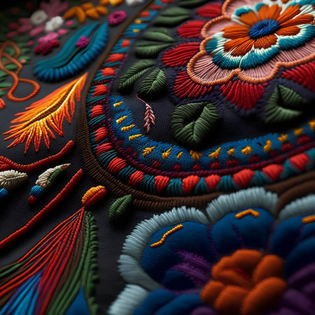 Beautiful colorful embroidery on the fabric close-up.の素材