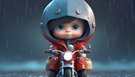 3D rendering of a little boy riding a motorcycle in the rainの素材