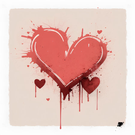 Grunge red heart with splashes and blots on a white backgroundの素材