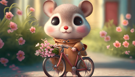 3D rendering of a cute little mouse with a bicycle and flowersの素材