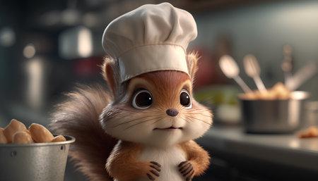 Cute squirrel in chef's hat on blurred kitchen background, closeupの素材