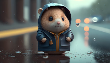 Cute hamster in raincoat with rain drops on asphalt roadの素材