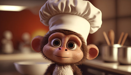 Cute monkey in chef's hat in the kitchen. 3d renderingの素材