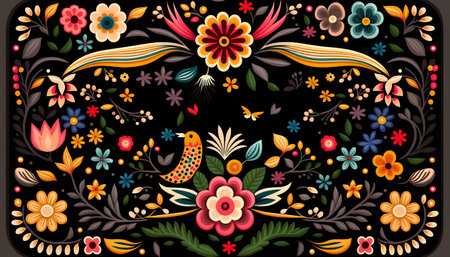 Floral pattern with birds and flowers. Vector illustration in ethnic style.の素材