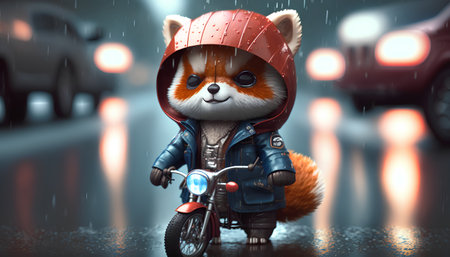 Cute red fox riding a motorbike in the rain. 3D rendering.の素材