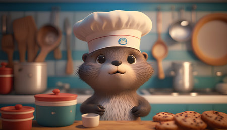 Cute little otter chef in the kitchen. 3d renderingの素材