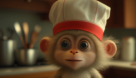 Cute monkey in chef hat on blurred kitchen background, closeupの素材