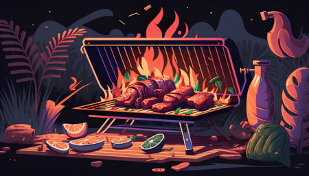 Barbecue grill with grilled meat and vegetables. Vector illustration in cartoon styleの素材