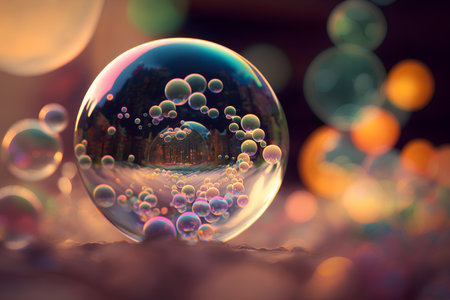 Soap bubbles with bokeh background. 3d illustration.の素材