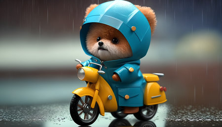 Cute teddy bear riding a scooter in the rain.の素材