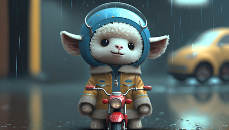 3D rendering of a cute little mouse riding a motorcycle in the rainの素材
