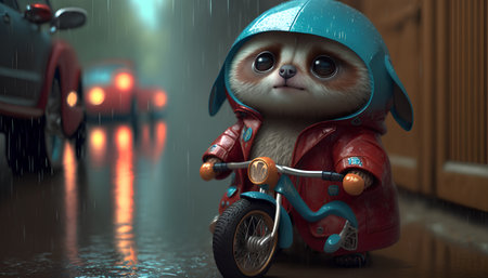 Pomeranian dog riding a motorcycle in the rain. 3D rendering.の素材