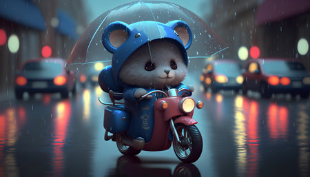 3d rendering of a cute little bear on a motorcycle in the rainの素材