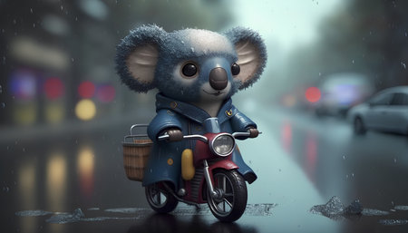 3d illustration of a koala on a motorcycle in the rainの素材