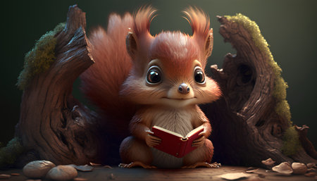 Cute squirrel reading a book in the forest. 3d renderingの素材