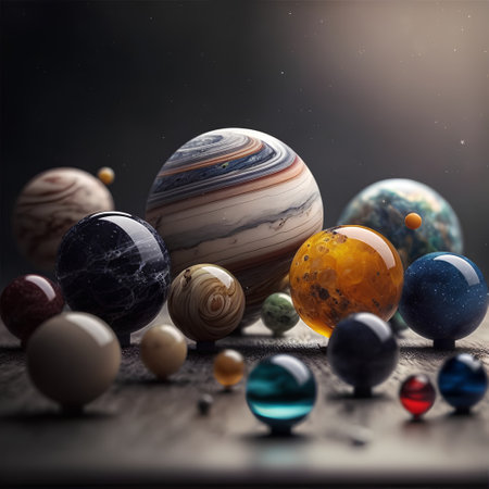 Close up of various planets on wooden table. Space exploration concept.の素材