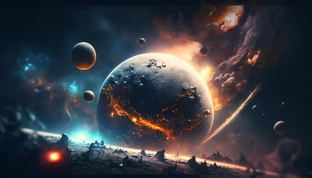 Fantasy landscape with planets, nebula and stars. 3d renderingの素材