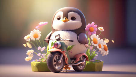 Cute penguin on a scooter with flowers. 3d renderingの素材