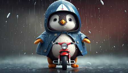 Cute penguin riding a motorcycle in the rain. 3d renderingの素材