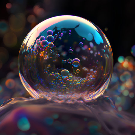 Soap bubbles with colorful bokeh on black background. 3D renderingの素材