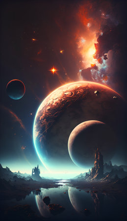 Fantasy landscape with planets, stars and galaxies. 3D renderingの素材