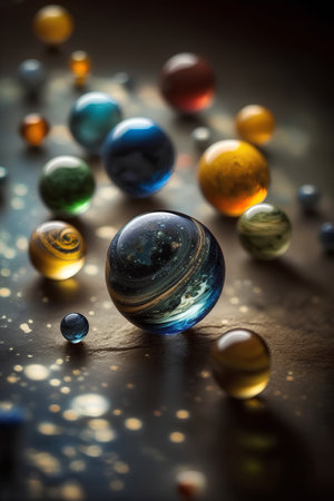 Marbles of various sizes and colors on a dark background. Selective focus.の素材
