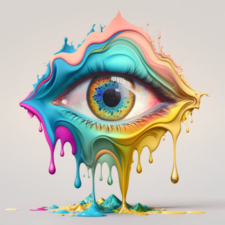3d illustration of beautiful female eye with colorful paint splashes.の素材