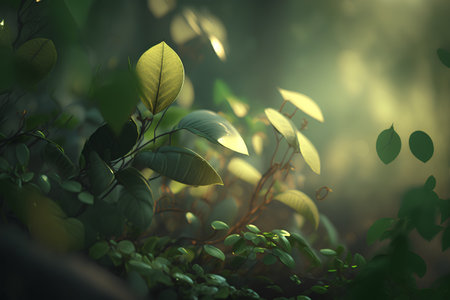 Green leaves in the forest. 3d rendering, 3d illustration.の素材
