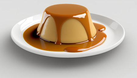 Caramel pudding with caramel on a white plate. 3d renderingの素材