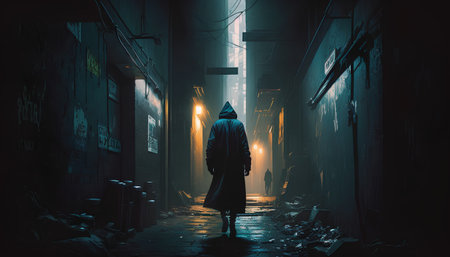 Halloween concept. Man in a cloak in a dark alley. 3d renderingの素材