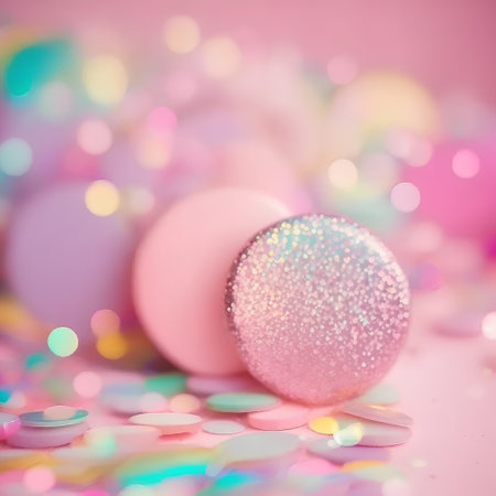 christmas background with pink and blue balls and confetti, selective focusの素材