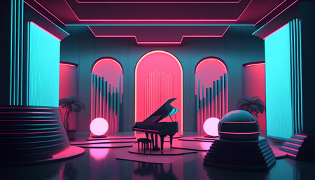 3d rendering of a music studio with neon lights and grand pianoの素材