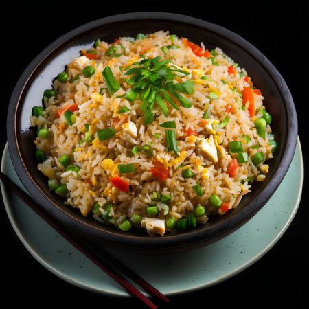 Fried rice with chicken and vegetables in a bowl on black backgroundの素材