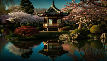 Japanese garden with cherry blossom in springtime - 3d renderの素材